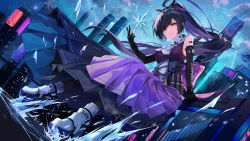 Rule 34 | 1girl, bare shoulders, black gloves, black hair, black pantyhose, black skirt, breasts, brown eyes, building, character request, cloud, cloudy sky, commentary request, cryokinesis, dutch angle, elbow gloves, gloves, hirai yuzuki, ice, long hair, looking at viewer, medium breasts, multicolored hair, outdoors, pantyhose, parted lips, partially fingerless gloves, pleated skirt, ponytail, purple hair, purple shirt, saki fuwa (tower of fantasy), shirt, shoes, skirt, sky, skyscraper, sleeveless, sleeveless shirt, solo, tower of fantasy, two-tone hair, v-shaped eyebrows, very long hair, white footwear