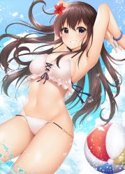 Rule 34 | 1girl, armpits, arms up, ball, beachball, bikini, bikini top only, bikini under clothes, blush, bracelet, breasts, brown eyes, brown hair, cleavage, clothing cutout, cloud, commentary request, cross-laced bikini, cross-laced clothes, flower, frilled bikini, frills, from below, groin, hair between eyes, hair flower, hair ornament, hairclip, halterneck, highres, jewelry, large breasts, lens flare, long hair, looking at viewer, midriff, minato ojitan, navel, original, outdoors, partially submerged, side cutout, smile, solo, swimsuit, tareme, teeth, water, water drop, wet, wet hair