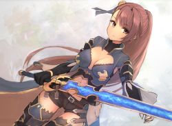 Rule 34 | 1girl, asymmetrical gloves, beatrix (granblue fantasy), belt, black gloves, black shorts, blue ribbon, bracelet, breasts, brown eyes, brown hair, bukkira (roy028june), cleavage, dutch angle, floating hair, gloves, granblue fantasy, hair between eyes, hair ribbon, holding, holding sword, holding weapon, jewelry, long hair, looking at viewer, medium breasts, midriff, ponytail, ribbon, short shorts, shorts, solo, standing, stomach, sword, thighhighs, uneven gloves, very long hair, weapon