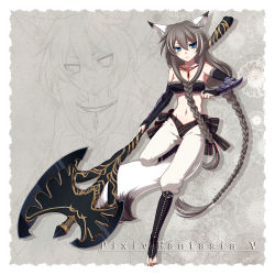 Rule 34 | 1girl, animal ears, arm guards, axe, bandeau, bare shoulders, barefoot, battle axe, blue eyes, boots, bra, braid, breasts, brown hair, elbow gloves, feet, fighting stance, fox ears, fox tail, gloves, grey hair, huge weapon, inari, jewelry, konshin, large breasts, lingerie, long hair, navel, necklace, nerine potypukka, pixiv fantasia, pixiv fantasia 5, puffy pants, sash, solo, tail, toeless legwear, twin braids, underwear, very long hair, warrior, weapon, zoom layer