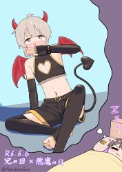 Rule 34 | 1boy, 1girl, = =, absurdres, adapted costume, ahoge, artist name, bare shoulders, belt, black shorts, black thighhighs, blush, brown eyes, buckle, cleavage cutout, clothing cutout, commentary, crop top, demon boy, demon costume, demon tail, dreaming, elbow gloves, fingerless gloves, gloves, grey hair, hair ornament, hairclip, happyundergate, heart, heart-shaped buckle, heart cutout, highres, horns, looking at viewer, male focus, midriff, navel, no shoes, official alternate costume, onii-chan wa oshimai!, oyama mahiro, oyama mahiro (male), oyama mihari, red horns, red wings, short shorts, shorts, sitting, sleeping, sleeveless, solo focus, stirrup legwear, tail, thighhighs, thought bubble, toeless legwear, toes, translated, twitter username, unworn hair ornament, unworn hairclip, wavy mouth, wings, zzz