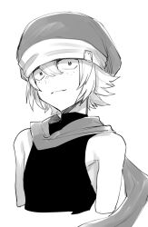 Rule 34 | 1boy, bare shoulders, black headwear, borrowed character, closed mouth, cropped arms, cropped shoulders, freckles, greyscale, highres, looking at viewer, male focus, monochrome, original, sanpaku, short hair, sketch, smile, solo, yadayada