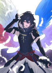 Rule 34 | 1boy, ahoge, arm up, armor, belt, blue belt, blue wings, bracelet, breastplate, brown hair, brown wings, cape, commentary request, cowboy shot, falling feathers, feathers, fingerless gloves, gloves, granblue fantasy, hair between eyes, highres, hood, hood down, jewelry, looking to the side, makita (homosapiensu), male focus, messy hair, multiple wings, parted lips, purple wings, red eyes, red wings, sandalphon (granblue fantasy), short hair, shoulder armor, solo, turtleneck, white background, white cape, white feathers, white wings, wings