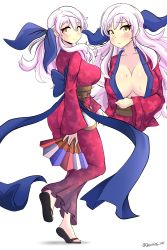 Rule 34 | 1girl, absurdres, blush, breasts, cleavage, embarrassed, fire emblem, fire emblem: radiant dawn, fire emblem heroes, half updo, highres, japanese clothes, jarckius, kimono, long hair, looking at viewer, micaiah (fire emblem), nintendo, official alternate costume, original, simple background, smile, solo, sweat, white background, yellow eyes
