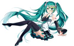 Rule 34 | 1girl, boots, detached sleeves, eye drops, full body, green eyes, green hair, hatsune miku, long hair, matching hair/eyes, necktie, skirt, smile, solo, thigh boots, thighhighs, transparent background, twintails, very long hair, vocaloid, yuzuki kihiro