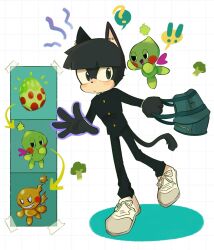 Rule 34 | !, !!, 1boy, animal ears, animal nose, arrow (symbol), bag, black gloves, black pants, bowl cut, broccoli, cat boy, cat ears, cat tail, chao (sonic), commentary, dark chao, egg, ekubo (mob psycho 100), english commentary, full body, furrification, furry, furry male, gakuran, gloves, grey footwear, grid background, highres, holding, holding bag, kageyama shigeo, long sleeves, madsengland, male focus, mob psycho 100, pants, school bag, school uniform, shoes, short hair, sneakers, sonic (series), tail