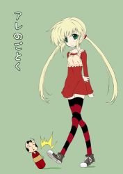 Rule 34 | 1girl, arm behind back, black footwear, blonde hair, blush, collarbone, doll, dress, footwear ribbon, full body, green background, green eyes, hair tie, hand on own arm, hayate no gotoku!, kicking, long hair, long sleeves, low twintails, lowres, motion lines, red dress, sanzen&#039;in nagi, shoes, simple background, solo, striped clothes, striped thighhighs, thighhighs, twintails, zettai ryouiki