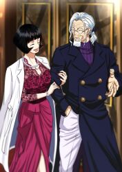 Rule 34 | 1boy, 1girl, arm hug, beard, black hair, blunt bangs, bracelet, breasts, buttons, closed eyes, closed mouth, coat, coat on shoulders, commentary request, couple, dress, facial hair, facing viewer, glasses, hand in pocket, hetero, highres, husband and wife, jewelry, lips, long hair, musasabiop, necklace, one piece, pants, red dress, red nails, shakuyaku (one piece), short hair, silvers rayleigh, smile, sweater, white hair, white pants