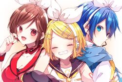 Rule 34 | 1boy, 2girls, black sailor collar, blonde hair, blue eyes, blue hair, blue scarf, blush, breasts, brown hair, closed eyes, closed mouth, crop top, earpiece, hair ribbon, headphones, kagamine rin, kaho 0102, kaito (vocaloid), long sleeves, looking at viewer, looking back, medium breasts, meiko (vocaloid), multiple girls, number tattoo, open mouth, red eyes, red nails, red shirt, ribbon, sailor collar, scarf, shirt, short hair, sleeveless, tattoo, vocaloid, white ribbon, white shirt, yellow nails