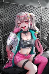 Rule 34 | 1girl, ahoge, black collar, black sports bra, bow, breasts, collar, commentary, eyeshadow, facial tattoo, fang, feet out of frame, gloves, goddess of victory: nikke, hair bow, hair ornament, hairclip, heart, heart tattoo, highres, jackal (nikke), jacket, long hair, looking at viewer, low twintails, makeup, medium breasts, mouth pull, multicolored hair, navel, off shoulder, open mouth, pink bow, pink eyes, pink eyeshadow, pink gloves, pink hair, pink shorts, pink thighhighs, short shorts, shorts, side ponytail, single thighhigh, sitting, smile, solo, spiked collar, spikes, sports bra, stomach, straw raspberry, streaked hair, tattoo, thighhighs, thighs, tongue, tongue out, twintails, two-sided fabric, two-sided jacket, two-tone hair, underwear