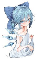 Rule 34 | 1girl, @ @, absurdres, alternate costume, blue bow, blue eyes, blue hair, bow, cirno, collarbone, detached wings, dress, fairy, hair bow, highres, ice, ice wings, looking at viewer, short hair, simple background, solo, touhou, tsune (tune), white background, white dress, wings
