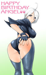 Rule 34 | 1girl, ahoge, angel (kof), ass, bent over, blue eyes, breasts, covered erect nipples, fingerless gloves, from behind, gloves, hair over one eye, happy birthday, large breasts, looking back, midriff, short hair, snk, solo, st.germain-sal, the king of fighters, thighhighs, white hair
