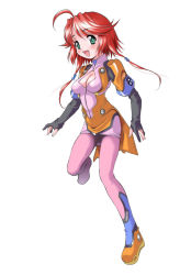 Rule 34 | 1girl, ahoge, boots, breasts, cleavage, elbow gloves, gloves, green eyes, medium breasts, miniskirt, pilot suit, red hair, science fiction, skirt, solo, twintails, zipper, zoids