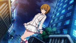 Rule 34 | 1girl, absurdres, aran sweater, artist request, breasts, brown hair, building, cable knit, city, cityscape, closed mouth, cloud, cloudy sky, commentary, curtsey, dress, foot up, game cg, grey eyes, hair between eyes, highres, kinuhata saiai, legs, long sleeves, looking at viewer, messy hair, multicolored socks, night, night sky, official art, pink socks, railing, second-party source, short dress, short hair, skirt hold, sky, small breasts, smile, socks, solo, standing, standing on one leg, star (sky), starry sky, striped clothes, striped socks, sweater, sweater dress, teasing, textless version, thighs, toaru majutsu no index, toaru majutsu no index: imaginary fest, toaru majutsu no index: old testament, tree, white dress, white socks, white sweater