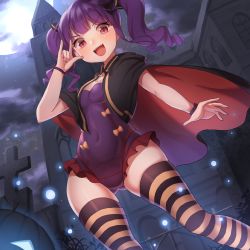 Rule 34 | 1girl, absurdres, bad id, bad pixiv id, bang dream!, bat hair ornament, black ribbon, breasts, commentary request, fangs, from below, hair ornament, hair ribbon, halloween, highres, huge filesize, long hair, looking at viewer, moon, open mouth, planetarium (platinumstars), purple hair, red eyes, ribbon, small breasts, smile, solo, striped clothes, striped thighhighs, thighhighs, twintails, udagawa ako