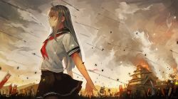 Rule 34 | 1girl, ahoge, architecture, arrow (projectile), artist name, banner, battle, black pantyhose, black skirt, blood, blouse, castle, cloud, cloudy sky, cuts, east asian architecture, fire, from side, grey eyes, grey hair, highres, injury, long hair, looking afar, midriff peek, neckerchief, nobori, original, outdoors, outstretched arms, pantyhose, pleated skirt, pvmivs, sailor collar, school uniform, serafuku, serious, shirt, short sleeves, sidelocks, skirt, sky, smoke, solo, war, white shirt