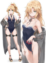 Rule 34 | 1girl, bare shoulders, black one-piece swimsuit, blonde hair, braid, breasts, commentary request, covered navel, fate/apocrypha, fate (series), french braid, full body, green eyes, highleg, highleg swimsuit, highres, long hair, looking at viewer, mordred (fate), mordred (fate/apocrypha), multiple views, one-piece swimsuit, parted bangs, ponytail, sidelocks, small breasts, swimsuit, tonee