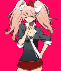 Rule 34 | 10s, 1girl, bad id, bad pixiv id, blue eyes, bow, breasts, cleavage, danganronpa: trigger happy havoc, danganronpa (series), enoshima junko, finger to mouth, freckles, hair bow, hair ornament, hand on own hip, ikusaba mukuro, nail polish, necktie, pink hair, shushing, simple background, skirt, sleeves rolled up, solo, todoroki suyoshi, twintails