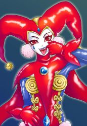 Rule 34 | 1girl, bell, bodysuit, c7hachis, chrono cross, facepaint, fangs, gloves, harlequin, hat, jester, jester cap, leotard, looking at viewer, open mouth, pom pom (clothes), red eyes, red gloves, red leotard, simple background, smile, solo, tongue, tongue out, harle (chrono cross)