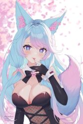 Rule 34 | 1girl, animal ear fluff, animal ears, artist name, blue eyes, blue hair, blue tail, blush, breasts, choker, cleavage, commentary, english commentary, flower, flower choker, fluffy hair, gradient hair, gradient nails, hair ornament, highres, indie virtual youtuber, large breasts, long hair, looking at viewer, multicolored hair, multicolored tail, navel, pink hair, pink tail, ri nyahn, silvervale, solo, tail, tongue, tongue out, upper body, virtual youtuber, wolf ears, wolf girl, wolf tail