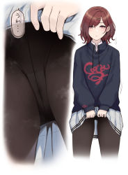 Rule 34 | 1girl, black pantyhose, black sweater, brown eyes, brown hair, closed mouth, clothes lift, commentary request, crotch seam, expressionless, hair ornament, hairclip, highres, higuchi madoka, hood, hoodie, idolmaster, idolmaster shiny colors, long sleeves, looking at viewer, medium hair, miniskirt, multiple views, panties, panties under pantyhose, pantyhose, pleated skirt, simple background, skirt, skirt lift, sunaba suzume, sweater, underwear, white background