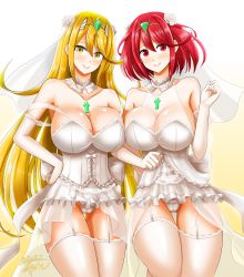 Rule 34 | 2020, 2girls, alternate costume, armor, blonde hair, blush, breastplate, breasts, bridal lingerie, bridal veil, bride, cameltoe, cleavage, closed mouth, cowboy shot, dated, dress, dual persona, elbow gloves, female focus, garter straps, gloves, gradient background, highres, hisin, large breasts, lingerie, locked arms, long hair, looking at viewer, matching hair/eyes, multiple girls, mythra (xenoblade), panties, pyra (xenoblade), red eyes, red hair, short hair, signature, smile, standing, strap slip, thighhighs, tiara, underwear, veil, very long hair, wedding dress, white background, white gloves, white panties, xenoblade chronicles (series), xenoblade chronicles 2, yellow background, yellow eyes