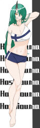 1girl alternate_costume arknights arm_behind_back arm_up artist_name bare_arms bare_shoulders barefoot black_background breasts camisole character_name chinese_commentary cleavage closed_mouth clothes_writing collarbone commentary_request crop_top dr.duck feet finnish_flag floating full_body green_hair hair_in_own_mouth hair_over_one_eye hand_on_own_neck heart highres horns hoshiguma_(arknights) large_breasts long_hair navel one_eye_covered purple_shorts shorts single_horn smile solo spaghetti_strap stomach strap_slip toes two-tone_background white_background yellow_eyes