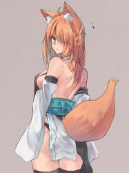 Rule 34 | ..., 1girl, ahoge, animal ears, ass, back, bare shoulders, black panties, black thighhighs, blue ribbon, breasts, commentary request, cowboy shot, detached sleeves, fox ears, fox girl, fox tail, from behind, hand on own chest, japanese clothes, kimono, long hair, long sleeves, looking back, medium breasts, mole, mole on back, obi, orange hair, original, panties, purple background, ribbon, sash, sawaya (mizukazu), shoulder blades, sideboob, simple background, solo, sweat, tail, thigh gap, thighhighs, underwear, white kimono, wide sleeves