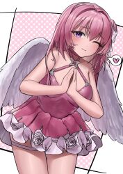 Rule 34 | 1girl, absurdres, angel wings, breasts, closed mouth, dorothy (nikke), dorothy (nostalgia) (nikke), dress, frilled dress, frills, goddess of victory: nikke, hair bun, hair ornament, heart, highres, long hair, medium breasts, o o k i n a, official alternate costume, one eye closed, own hands together, panties, pantyshot, pink dress, pink hair, purple eyes, smile, solo, spoken heart, thigh strap, underwear, wings