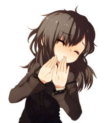 Rule 34 | 1girl, aratagawa nikei, blush, brown hair, camisole, closed eyes, hands up, head tilt, kirishima sagiri, long hair, long sleeves, messy hair, open hands, open mouth, own hands together, simple background, solo, ukagaka, upper body, white background