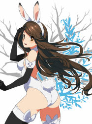 Rule 34 | 1girl, agnes oblige, animal ears, ass, back, bare shoulders, black gloves, blush, bow, bravely default: flying fairy, breasts, brown eyes, brown hair, rabbit ears, rabbit tail, playboy bunny, elbow gloves, fake animal ears, gloves, hairband, kabosu, leotard, long hair, looking at viewer, looking back, open mouth, sideboob, solo, tail, thighhighs, very long hair