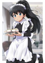 Rule 34 | 1girl, alternate costume, apron, back bow, bad id, bad pixiv id, black dress, black footwear, black hair, blue eyes, blurry, blurry background, blush, bow, closed mouth, cup, depth of field, dress, enmaided, ganaha hibiki, high ponytail, hiiringu, holding, holding tray, idolmaster, idolmaster (classic), indoors, juliet sleeves, leg up, loafers, long hair, long sleeves, maid, maid headdress, personification, puffy sleeves, shoes, solo, standing, standing on one leg, steam, tareme, teacup, tray, white apron, white bow, white legwear, wrist cuffs