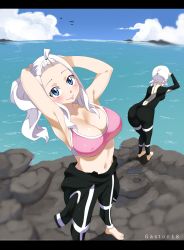 Rule 34 | 2girls, armpits, arms up, artist name, ass, bangs pinned back, barefoot, beach, bird, blue eyes, blush, bodysuit, breasts, cleavage, cloud, collarbone, day, diving suit, fairy tail, full body, gaston18, highres, large breasts, lisanna strauss, long hair, looking at viewer, mirajane strauss, multiple girls, navel, outdoors, short hair, sky, smile, standing, stomach, tight clothes, water, watermark, wetsuit, white hair