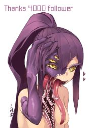 Rule 34 | 1girl, body horror, breasts, colored eyelashes, colored skin, diagonal bangs, english text, extra eyes, extra pupils, extra teeth, eyelashes, female focus, hand in own hair, hand to head, hand up, heart, highres, hitokuirou, long hair, long tongue, looking at viewer, milestone celebration, monster, monster girl, multicolored skin, nude, original, ponytail, purple hair, saliva, sharp teeth, simple background, small breasts, solo, teeth, thank you, tongue, upper body, very long hair, very long tongue, white background, yellow eyes