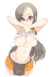 Rule 34 | 1girl, :o, areola slip, bare shoulders, black hair, blush, breasts, brown eyes, clothes lift, clothes writing, curvy, employee uniform, glasses, groin, hooters, kusanagi tonbo, large breasts, lifted by self, long hair, looking at viewer, navel, no bra, no legwear, original, revision, shirt lift, simple background, solo, standing, underboob, uniform, white background, wide hips