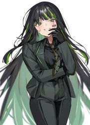 Rule 34 | 1girl, alfonso (project moon), barcode, barcode tattoo, black gloves, black hair, black shirt, collared shirt, formal, gloves, green eyes, green hair, highres, limbus company, long hair, looking at viewer, mu46016419, multicolored hair, necktie, pants, project moon, shirt, solo, striped necktie, suit, tattoo