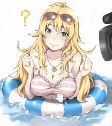 Rule 34 | 1girl, ?, blonde hair, blush, breasts, camera, cleavage, cursor, eyewear on head, forearms at chest, green eyes, heart, heart necklace, hoshii miki, idolmaster, idolmaster (classic), ina (gokihoihoi), innertube, jewelry, large breasts, long hair, necklace, partially submerged, shiny skin, shirt, smile, solo, striped, sunglasses, swim ring, taut clothes, taut shirt, water