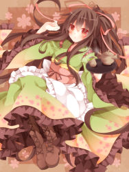 Rule 34 | 1girl, blush, boots, brown hair, cross-laced footwear, cup, floral print, hair ribbon, hat, japanese clothes, kimono, long hair, long sleeves, looking at viewer, mogu (au1127), obi, original, ponytail, red eyes, ribbon, sash, solo, teacup, teapot, tray, very long hair, witch hat