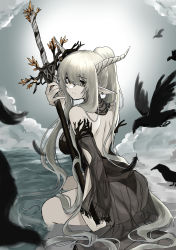 Rule 34 | 1girl, absurdly long hair, absurdres, arknights, armpits, bare back, bare shoulders, bare tree, bird, black one-piece swimsuit, breasts, brown hair, commentary request, crow, detached sleeves, ear piercing, feathers, from behind, highres, holding, holding sword, holding weapon, horns, korean commentary, large breasts, long hair, looking at viewer, looking back, official alternate costume, one-piece swimsuit, outdoors, piercing, pointy ears, polyvora, ponytail, red hair, shining (arknights), shining (silent night) (arknights), sidelocks, sitting, solo, swimsuit, sword, thighs, tree, very long hair, water, weapon