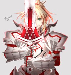 Rule 34 | 1girl, armor, blonde hair, breastplate, clarent (fate), fate/apocrypha, fate (series), gauntlets, green eyes, grin, mordred (fate), mordred (fate/apocrypha), orii (orii i), pauldrons, scrunchie, shoulder armor, smile, solo, sword, upper body, weapon