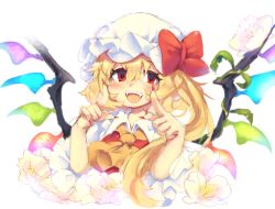 Rule 34 | 1girl, ascot, blonde hair, bow, cherry blossoms, dress, fangs, flandre scarlet, hat, hat bow, iroyopon, looking at viewer, mob cap, open mouth, red dress, red eyes, side ponytail, smile, solo, touhou, upper body, wings