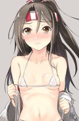 Rule 34 | 1girl, bare shoulders, bikini, breasts, brown hair, closed mouth, collarbone, detached sleeves, frown, gin&#039;ichi (akacia), grey background, headband, highres, kantai collection, long hair, long sleeves, looking at viewer, navel, ponytail, raised eyebrows, simple background, small breasts, solo, stomach, string bikini, swimsuit, tareme, tearing up, tears, upper body, very long hair, white bikini, wide sleeves, zuihou (kancolle)