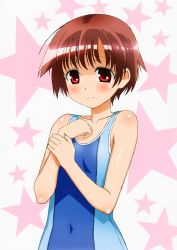 Rule 34 | 1girl, absurdres, blue one-piece swimsuit, blush, body blush, brown hair, competition swimsuit, covered navel, embarrassed, flat chest, highres, holding own arm, looking at viewer, megami magazine, miyanaga saki, official art, one-piece swimsuit, red eyes, saki (manga), scan, short hair, solo, star (symbol), starry background, swimsuit, upper body