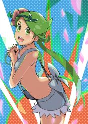 Rule 34 | 1girl, apron, bare back, breasts, creatures (company), female focus, flower, game freak, green eyes, green hair, hair flower, hair ornament, highres, long hair, looking at viewer, mallow (pokemon), masamu3939, matching hair/eyes, naked apron, naked overalls, nintendo, no shirt, overalls, pokemon, pokemon sm, shorts, twintails, very long hair