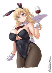 Rule 34 | 1girl, alcohol, alternate costume, animal ears, black leotard, blonde hair, braid, breasts, cleavage, clenched hand, covered navel, cowboy shot, cup, detached collar, drink, drinking glass, ebifurya, fake animal ears, fake tail, french braid, gloves, highres, kantai collection, large breasts, leotard, long hair, open mouth, pantyhose, playboy bunny, purple eyes, rabbit ears, rabbit tail, red wine, solo, strapless, strapless leotard, tail, tray, twitter username, waitress, wavy hair, white background, white gloves, wine, wrist cuffs, zara (kancolle)