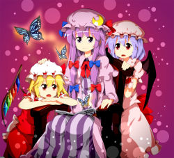 Rule 34 | 3girls, :o, ascot, bat wings, blonde hair, book, bow, bug, butterfly, chair, head rest, female focus, flandre scarlet, hair bow, hand on head, hand on headwear, hat, bug, long hair, multiple girls, open book, open mouth, patchouli knowledge, headpat, purple eyes, purple hair, reading, red eyes, remilia scarlet, ruu (tksymkw), sitting, smile, the very hungry caterpillar, touhou, wings