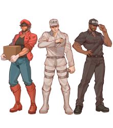 Rule 34 | 3boys, adjusting clothes, adjusting headwear, atiti (ttttt945), baseball cap, beard, belt, black footwear, black pants, black shirt, blue footwear, blue pants, boots, box, brown hair, cabbie hat, cassidy (overwatch), chinese commentary, collarbone, collared jacket, commentary request, cosplay, cross-laced footwear, dark skin, dress shirt, facial hair, full body, gloves, hat, hataraku saibou, highres, holding, holding box, jacket, killer t (hataraku saibou), killer t (hataraku saibou) (cosplay), lace-up boots, long sleeves, looking at viewer, male focus, multiple boys, mustache, overwatch, overwatch 1, pants, reaper (overwatch), red blood cell (hataraku saibou), red blood cell (hataraku saibou) (cosplay), red jacket, scar, scar on face, sheath, shirt, shoes, short sleeves, smile, soldier: 76 (overwatch), uniform, white background, white blood cell (hataraku saibou), white blood cell (hataraku saibou) (cosplay), white gloves, white headwear, white shirt