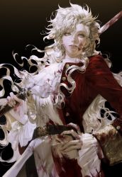 Rule 34 | 1girl, blood, blood on clothes, blood on face, bloody weapon, coat, hair between eyes, hand on own hip, highres, holding, holding sword, holding weapon, innocent (manga), long hair, marie-josephe sanson, parted lips, red coat, solo, standing, sword, vlfdus 0, weapon