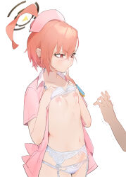 Rule 34 | 1girl, absurdres, ahoge, blue archive, bra, bra lift, breasts, closed mouth, earrings, garter belt, hair between eyes, halo, hat, highres, jewelry, lifting own clothes, mole, mole under eye, navel, neru (blue archive), nipples, nurse cap, open clothes, open shirt, orange hair, panties, pink shirt, red eyes, revision, shirt, short sleeves, simple background, small breasts, solo focus, stomach, stud earrings, underwear, white background, white bra, white garter belt, white panties, yanyo (ogino atsuki)