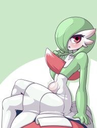 Rule 34 | 1boy, 1girl, belly, blush, clothed sex, colored skin, cowgirl position, creatures (company), crossed legs, dress, erection, eyelashes, flat chest, furry, game freak, gardevoir, gen 3 pokemon, girl on top, green background, green hair, green skin, hair over one eye, heart, hetero, highres, interspecies, large insertion, large penis, legs, limebreaker, looking at viewer, motion lines, narrow waist, nintendo, no nipples, open mouth, pants, penis, penis out, pokemon, pokemon (creature), pov, red eyes, sex, shirt, short hair, sitting, stealth sex, stomach bulge, straddling, tongue, white background, white skin, wide hips
